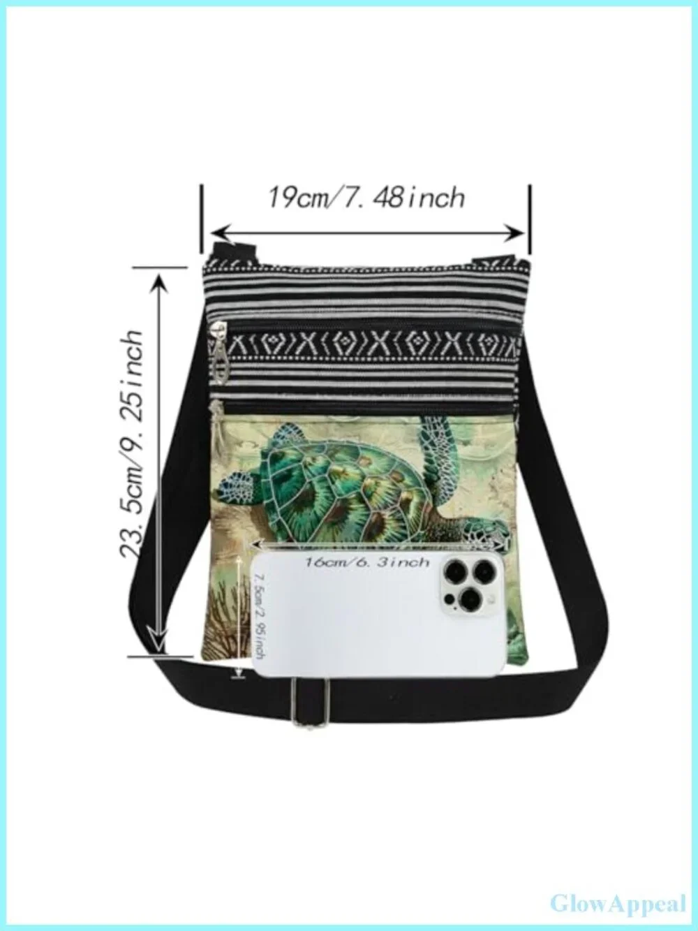 Turtle Crossbody Bag Polyester Sling Adjustable Strap Double Zipper
